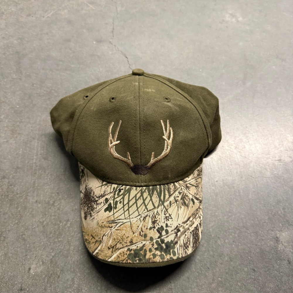 GameGuard RAM Antler Deer Hunting Hat Olive Green Camo Brim Adjustable Cap
